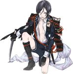  armor black_gloves black_hair cape full_body gloves ishinarimaru_shouten japanese_armor kiwame_(touken_ranbu) lowres male_focus military military_uniform official_art one_knee open_clothes open_mouth purple_eyes shorts shoulder_armor sode solo sword tantou torn_clothes touken_ranbu transparent_background uniform weapon yagen_toushirou 