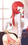  1girl artist_request ass blazblue blue_eyes blush breasts butt_crack dressing from_behind hair_tubes long_hair looking_back looking_down open_mouth panties panty_pull red_hair shiny shiny_hair shiny_skin shirt sideboob solo tsubaki_yayoi underwear 