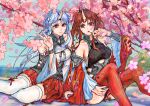  2girls absurdres azur_lane bare_shoulders blue_hair brown_eyes brown_hair cherry_blossoms closed_mouth detached_sleeves highres horns japanese_clothes long_hair looking_at_viewer mikuma_(azur_lane) mogami_(azur_lane) multiple_girls neur_(33025731) outdoors parted_lips red_eyes red_thighhighs siblings single_horn sisters sitting thighhighs tree v water white_thighhighs wide_sleeves 