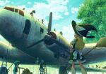 6+girls absurdres aircraft airplane bare_shoulders black_hat black_skirt black_tank_top black_vest blonde_hair blue_eyes blue_hair blue_hat blue_shorts blue_sky bow braid broom clone cloud commentary_request day frilled_skirt frills hair_bow hand_on_own_hip hat highres holding holding_broom kawashiro_nitori kirisame_marisa ladder long_hair multiple_girls open_mouth outdoors red_bow shirt short_sleeves shorts single_braid skirt skirt_set sky standing suteruko tank_top touhou tree vest white_shirt witch_hat wrench 
