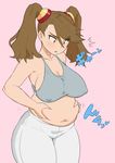  belly_grab big_belly blush breasts brown_hair covered_nipples fat gundam gundam_build_fighters gundam_build_fighters_try large_breasts mikoyan pink_background sazaki_kaoruko simple_background solo tank_top thighhighs translation_request twintails weight_conscious white_legwear 