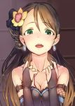  bangs bare_shoulders blush breasts brown_hair cleavage collar elbow_gloves eyebrows eyebrows_visible_through_hair flower gloves green_eyes hair_flower hair_ornament idolmaster idolmaster_cinderella_girls long_hair looking_at_viewer medium_breasts nametake nishikawa_honami open_mouth smile solo swept_bangs upper_body 