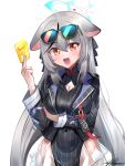  :3 aged_up animal_ears arm_under_breasts black_bow black_dress black_jacket blue_archive blue_halo blush bow china_dress chinese_clothes cleavage_cutout clothing_cutout collared_dress covered_navel credit_card dress eyewear_on_head grey_hair hair_between_eyes halo head_bow head_tilt highres holding id_card jacket kokona_(blue_archive) long_hair long_sidelocks orange_eyes pleated_skirt sidelocks skirt smile solharuu striped_clothes striped_dress striped_jacket sunglasses vertical-striped_clothes vertical-striped_dress vertical-striped_jacket very_long_hair white_skirt white_sleeve_cuffs 