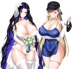 absurdres arm_under_breasts bag bare_shoulders bikini black_hair black_hat blonde_hair blue_dress blue_eyes blue_ribbon bouquet breasts brown_dust_(series) brown_dust_2 choker cleavage closed_mouth collarbone colored_inner_hair commentary covered_navel cowboy_shot curly_hair dress earrings eclipse_(brown_dust_2) elbow_gloves fingerless_gloves flower garter_belt gloves groin hair_between_eyes hair_flower hair_ornament hair_over_one_eye hair_ribbon hand_up handbag hat highres holding holding_bouquet jewelry large_breasts long_hair looking_at_viewer multicolored_hair official_alternate_costume parted_hair parted_lips purple_hair ribbon rose showgirl_skirt skindentation skirt sleeveless sleeveless_dress standing stomach swimsuit thigh_strap thighhighs two-tone_hair very_long_hair white_bikini white_choker white_flower white_gloves white_rose white_skirt white_thighhighs wilhelmina_(brown_dust) wilhelmina_bd2 
