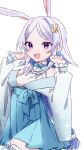  1girl :d alternate_costume animal_ears ascot ayuko_ammobium blue_bow blue_bowtie blue_hair blue_skirt bow bowtie braid breasts collared_shirt colored_inner_hair commentary_request cowboy_shot hair_ornament halter_shirt halterneck hands_up high-waist_skirt highres japanese_clothes kemonomimi_mode kimono light_blush lize_helesta long_hair long_sleeves looking_at_viewer miniskirt multicolored_hair nijisanji off_shoulder open_clothes open_kimono open_mouth parted_bangs paw_pose pleated_skirt print_kimono purple_eyes rabbit_ears rabbit_hair_ornament shirt sidelocks simple_background single_braid skirt small_breasts smile solo streaked_hair two-tone_hair very_long_hair virtual_youtuber white_ascot white_background white_hair white_kimono white_shirt zettai_ryouiki 
