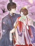  1boy 1girl absurdres black_hair black_kimono blue_eyes blurry blurry_background blush brown_hair cherry_blossoms closed_mouth commentary_request couple falling_petals floral_print floral_print_kimono folded_fan folding_fan grey_eyes hair_between_eyes hand_fan hand_on_another&#039;s_arm hetero highres holding holding_fan japanese_clothes kimono korella kougami_shin&#039;ya light_blush light_smile looking_at_another open_mouth petals print_kimono psycho-pass short_hair smile tsunemori_akane 