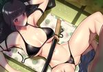  1girl akoniii arm_behind_head armpits bangs bare_arms bare_legs bare_shoulders bikini black_bikini black_hair blunt_bangs blush breasts cameltoe hetero ikaruga_(senran_kagura) katana long_hair looking_at_viewer lying medium_breasts navel on_back red_eyes senran_kagura senran_kagura_shoujo-tachi_no_shin'ei sheath sheathed solo_focus spread_legs stomach sunlight swimsuit sword thigh_grab untied untied_bikini weapon 