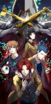 2boys 2girls absurdres animal arai_motoha bird black_hair black_shirt blonde_hair blue_hair brown_eyes closed_mouth collared_shirt colored_sclera commentary dual_wielding gun hand_in_pocket highres holding hood hood_down hoodie jacket janosik_(persona) kamishiro_nagisa kanou_shun long_hair lufel_(p5x) multiple_boys multiple_girls open_clothes open_jacket owl persona persona_5 persona_5:_the_phantom_x pocket red_eyes red_hair shirt short_hair tanemura_riko weapon white_hoodie white_shirt yellow_jacket yellow_sclera yuu_(primenumber7) 