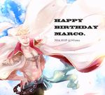  2016 blonde_hair closed_eyes dated epaulettes facial_hair happy_birthday jacket_on_shoulders long_coat male_focus marco one_piece smile solo stubble tattoo twitter_username uwa_(141uwa) 