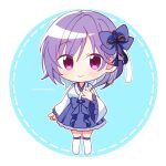  1girl \||/ alternate_costume blue_bow blue_skirt blush bow bow_skirt chibi chibi_only closed_mouth commentary_request eyes_visible_through_hair frilled_sleeves frills full_body hair_between_eyes hair_bow hair_ribbon hand_up high-waist_skirt highres japanese_clothes kimono kneehighs long_hair long_sleeves miko mizuori_shizuku purple_eyes purple_hair ribbon skirt smile socks solo standing summer_pockets twitter_username white_kimono white_ribbon white_socks wide_sleeves xdjf63qbpt0iqmj 