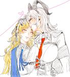  2girls black_gloves blonde_hair blush closed_eyes clothes_grab collared_shirt commentary_request gloves heart heart_of_string highres holding_own_arm horns kiss kissing_forehead long_hair multiple_girls necktie necktie_grab neckwear_grab parted_lips phoebe_(wuthering_waves) red_necktie shirt simple_background smile white_background white_hair white_shirt wuthering_waves yuri yurikure4 zani_(wuthering_waves) 