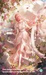  1girl angel_statue artist_request bare_legs bare_shoulders branch breasts brown_eyes bush cleavage dress flower flower_dress frilled_sleeves frills full_body hair_bun happy high_heels highres holding holding_wand jewelry long_dress looking_to_the_side necklace nikki_(nikki) nikki_(series) off-shoulder_dress off_shoulder official_art outdoors parted_lips petals pink_flower pink_hair pink_rose pink_shoes rainbow rose rose_petals rosy_dream_(shining_nikki) second-party_source shade shining_nikki shoes short_hair short_sleeves single_hair_bun smile solo stiletto_heels sunset swept_bangs tiara updo walking wand yellow_dress 