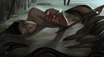  black_hair cattail closed_eyes convenient_censoring fingernails fins fish_tail harpoon head_fins head_tilt implied_injury lily_pad lying mermaid monster_girl no_shirt on_side original partially_submerged plant sharp_fingernails sidelighting sylessae tail water 