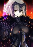  absurdres armor armored_dress aura blonde_hair breasts cape chain commentary_request fate/grand_order fate_(series) fur-trimmed_cape fur_collar fur_trim gauntlets headpiece highres jeanne_d'arc_(alter)_(fate) jeanne_d'arc_(fate)_(all) large_breasts looking_at_viewer nuqura short_hair sideboob solo upper_body yellow_eyes 
