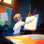  1girl absurdres brown_hair canvas_(object) english_commentary hair_between_eyes highres holding holding_paintbrush huion indoors kunitarou-art light_particles original paint paint_palette paintbrush painting_(action) profile shirt short_hair short_sleeves solo t-shirt table white_shirt window 