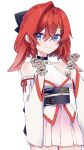  1girl alternate_costume ange_katrina animal_ears arm_ribbon ayuko_ammobium bare_shoulders black_bow black_sash blue_eyes bow braid braided_sidelocks breasts closed_mouth commentary_request cowboy_shot detached_sleeves dot_nose egasumi floral_print_gloves gloves hair_between_eyes hair_bow hair_ornament hairclip halter_shirt halterneck hands_up highres kemonomimi_mode lace lace_gloves light_blush long_sleeves looking_at_viewer lop_rabbit_ears medium_hair miniskirt nijisanji obi obijime pink_skirt print_sash rabbit_ears red_hair red_ribbon ribbon sash simple_background single_hair_intake skirt small_breasts smile solo unmoving_pattern virtual_youtuber white_background white_sleeves 