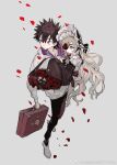  1boy 1girl black_bonnet black_dress black_hair blonde_hair blue_eyes bonnet briefcase carrying carrying_person curly_hair dress eyepatch flower flower_over_eye frilled_bonnet frilled_sleeves frills gothic_lolita green_eyes grey_background hair_between_eyes hairband highres holding holding_suitcase hood hood_down hoodie kamijou_touma lolita_fashion lolita_hairband long_hair long_sleeves othinus pants petals princess_carry qyzhiaiyisheng rose shoes short_hair simple_background spiked_hair suitcase toaru_majutsu_no_index 