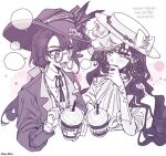  2girls :d blank_speech_bubble bow collared_shirt cropped_torso cup disposable_cup drinking_straw flower glasses greyscale hand_up hat hat_bow hat_feather hat_flower holding holding_cup isolde_(reverse:1999) jacket juliet_sleeves kakania_(reverse:1999) kim_8thhh korean_text long_hair long_sleeves looking_at_another low_ponytail monochrome multiple_girls neck_ribbon picture_hat ponytail puffy_sleeves purple_theme reverse:1999 ribbon shirt smile speech_bubble talking translation_request veil 