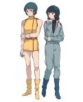  1980s_(style) 1boy 1girl black_hair blue_boots blue_eyes blue_hair blue_jumpsuit boots cosplay costume_switch crossdressing dress fa_yuiry fa_yuiry_(cosplay) full_body gloves gundam highres jumpsuit kamille_bidan kamille_bidan_(cosplay) kasumi_(skchkko) retro_artstyle short_hair simple_background white_background white_gloves yellow_boots yellow_dress zeta_gundam 