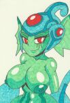 amphibian areola armor athletic bandai_namco big_breasts breasts clothing curvy_figure digimon digimon_(species) digimon_frontier female fin frog glistening glistening_body green_areola green_body green_nipples headgear headwear helmet hi_res humanoid marker_(artwork) mobian_monster nipples organs painting_(artwork) pen_(artwork) ranamon red_eyes solo stomach traditional_media_(artwork) traditional_painting_(artwork) wide_hips