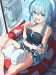  1girl 1other alternate_costume alternate_hairstyle aqua_eyes aqua_hair bikini bikini_skirt black_bikini black_skirt blush breasts collarbone hair_between_eyes hat hatsune_miku holding holding_water_gun long_hair looking_at_viewer lying_on_lap medium_breasts navel number_tattoo open_mouth pleated_skirt skirt stomach swim_ring swimsuit tattoo thighs very_long_hair vocaloid water_gun wet yukichi_(yu-ame) 