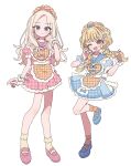  2girls apron blonde_hair blue_dress blue_sailor_collar blue_shoes blush braid closed_mouth dress fang frilled_wrist_cuffs frills fujita_kotone full_body gakuen_idolmaster hand_up hands_up highres holding holding_own_hair idolmaster juo_sena long_hair looking_at_viewer low_twin_braids maid_headdress multicolored_hair multiple_girls one_eye_closed open_mouth pink_dress pink_sailor_collar pink_shoes pink_streaks plaid_apron plaid_clothes plaid_dress pnt_0202 puffy_short_sleeves puffy_sleeves purple_eyes sailor_collar sailor_dress shoes short_sleeves simple_background smile socks standing standing_on_one_leg streaked_hair twin_braids white_background white_wrist_cuffs wrist_cuffs yellow_apron yellow_eyes yellow_socks 