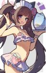  1girl :d bikini blue_archive blush bracelet breasts brown_hair cowboy_shot frilled_bikini frills highres holding holding_plate jewelry looking_at_viewer maid_headdress navel notice_lines plate purple_eyes ring shizuko_(blue_archive) shizuko_(swimsuit)_(blue_archive) small_breasts smile solo stomach swimsuit tetenka twintails 