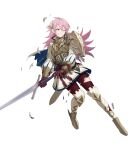  1girl arm_shield brown_gloves clenched_teeth damaged fire_emblem fire_emblem_fates fire_emblem_heroes gloves headband highres leggings non-web_source official_alternate_costume official_art one_eye_closed pink_eyes pink_hair puffy_sleeves skirt soleil_(fire_emblem) soleil_(resplendent)_(fire_emblem) solo spiked_hair sword teeth torn_clothes torn_leggings vambraces weapon 