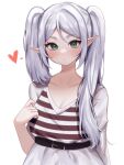  1girl absurdres arm_behind_back belt black_belt breasts brown_shirt cleavage clothes_lift collarbone elf eyebrows_hidden_by_hair frieren green_eyes hair_between_eyes heart high-waist_skirt highres long_hair looking_at_viewer open_mouth pointy_ears shirt shirt_lift skirt sky_above_me small_breasts solo sousou_no_frieren standing striped_clothes striped_shirt swept_bangs very_long_hair white_background white_shirt 