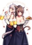  alcohol animal_ears aruma_jiki beer beer_mug blush breasts brown_hair cat_ears cat_tail cleavage cup dirndl facial_mark final_fantasy final_fantasy_xiv german_clothes green_eyes heart holding holding_cup large_breasts leaf long_hair looking_at_viewer maple_leaf miqo'te multiple_girls oktoberfest pink_eyes short_hair silver_hair smile star tail underbust v 