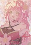  1girl :d absurdres bare_shoulders blunt_bangs breasts cherry_blossoms cleavage commentary_request detached_sleeves flower green_eyes hair_flower hair_ornament highres japanese_clothes large_breasts long_hair long_sleeves looking_at_viewer mole mole_under_eye open_mouth pink_flower pink_hair riri_hashi rune_factory rune_factory:_guardians_of_azuma see-through_cleavage see-through_clothes smile solo ulalaka upper_body 
