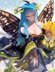  1girl antennae blue_dress blue_hair blue_sky blurry blurry_background branch breasts butterfly_girl butterfly_wings cirno cleavage closed_eyes commentary dress eternity_larva eternity_larva_(the_butterfly_fairy_who_approached_god) fairy flower green_dress hair_between_eyes head_wreath highres holding holding_flower insect_wings kaliningradg large_breasts leaf leaning_forward long_hair long_sleeves multicolored_dress off-shoulder_dress off_shoulder outdoors oversized_flower parted_lips skirt sky smile solo swept_bangs symbol-only_commentary tanned_cirno touhou touhou_lostword upper_body white_skirt wide_sleeves wings wriggle_nightbug 