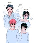  ... 1girl 3boys alien_stage black_eyes black_hair bob_cut choker dress earrings fang finger_in_own_mouth hairband halo hand_on_own_chin highres ivan_(alien_stage) jewelry kyon_(zmwh8222) medium_hair mini_wings multiple_boys neck_tattoo open_mouth pink_hair purple_eyes red_pupils shirt short_hair small_sweatdrop spoken_ellipsis sua_(alien_stage) tattoo traditional_halo white_choker white_dress white_hairband white_shirt white_wings wings yellow_eyes 