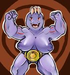  2016 anthro big_breasts breasts clothing female humanoid machoke mortal_chocolate muscular nintendo nipples open_mouth pok&eacute;mon purple_skin simple_background smile teeth video_games 