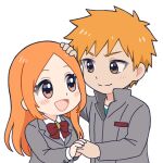  &gt;:) 1boy 1girl :d b_eaka bleach blush bow bowtie brown_eyes chibi chibi_only closed_mouth collared_shirt commentary grey_jacket happy headpat holding_hands inoue_orihime jacket karakura_high_school_uniform kurosaki_ichigo long_hair long_sleeves looking_at_another open_mouth orange_hair parted_bangs red_bow red_bowtie school_uniform shirt simple_background smile spiked_hair split_mouth straight_hair tareme tsurime upper_body v-shaped_eyebrows white_background white_shirt 