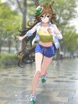  1girl :d ahoge animal_ears aqua_eyes blue_shorts blurry blurry_background blush breasts brown_hair camisole collarbone commentary_request crop_top day full_body hair_between_eyes hair_ornament hairclip hat highres horse_ears horse_girl horse_tail long_hair long_sleeves looking_at_viewer medium_breasts midriff mini_hat mini_top_hat mr._c.b._(umamusume) navel open_clothes open_mouth open_shirt outdoors photo_background rain running see-through_clothes see-through_shirt shadow shirt shoes short_shorts shorts sidelocks sleeves_rolled_up smile sneakers solo tail top_hat umamusume wet wet_clothes wet_shirt white_shirt white_shoes yellow_camisole zenbrush2 