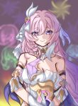  1girl absurdres aerial_fireworks ansha_da_wei bare_shoulders blurry blurry_background breasts chinese_commentary cleavage collarbone commentary_request corset diamond-shaped_pupils diamond_(shape) elysia_(herrscher_of_human:_ego)_(honkai_impact) elysia_(honkai_impact) fireworks highres honkai_(series) honkai_impact_3rd large_breasts long_hair looking_at_viewer multicolored_hair night night_sky pink_hair purple_eyes sky smile solo symbol-shaped_pupils triquetra two-tone_hair veil very_long_hair white_corset white_hair white_veil 