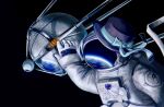  1girl 32kaidou ascot astronaut black_background blue_bow boater_hat bow earth_(planet) hand_up hat hat_bow helmet highres planet purple_hat reflection reverse:1999 satellite solo space space_helmet spacesuit sputnik sputnik_(reverse:1999) upper_body vertin_(reverse:1999) white_ascot 