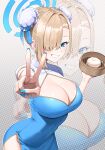  1girl absurdres asuna_(blue_archive) blonde_hair blue_archive blue_dress blue_eyes blue_halo blue_nails breasts china_dress chinese_clothes cleavage cleavage_cutout clothing_cutout double_bun dress food grin groin hair_bun hair_over_one_eye halo highres large_breasts looking_at_viewer mole mole_on_breast poni13101 smile steamed_bun thighs two-tone_dress v white_dress 