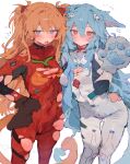  2girls absurdres animal_ears animal_hands ass_visible_through_thighs ayanami_rei blue_eyes blue_hair blush bodysuit breasts brown_hair bunchi cat_ears cat_tail cleavage closed_mouth commentary_request covered_navel dot_mouth fang highres kemonomimi_mode long_hair mecha_pilot_suit multiple_girls neon_genesis_evangelion open_mouth plugsuit_(evangelion) red_bodysuit red_eyes simple_background skin_fang small_breasts souryuu_asuka_langley tail torn_bodysuit torn_clothes white_background 