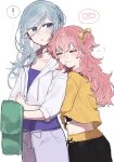  ! 2girls arms_around_waist battery_indicator black_pants blue_eyes blue_hair closed_eyes closed_mouth commentary_request hair_ribbon highres hinomori_shizuku hood hoodie hug hug_from_behind long_hair long_sleeves mole mole_under_mouth momoi_airi motoma0505 multiple_girls open_mouth pants pink_hair project_sekai purple_shirt ribbon shirt simple_background spoken_battery spoken_exclamation_mark two_side_up white_background white_hoodie yellow_ribbon yellow_shirt yuri 