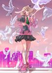  1girl absurdres bag bandaged_head bandages bird bird_request black_horns black_skirt blonde_hair blunt_bangs cellphone cityscape collared_shirt crying crying_with_eyes_open eyepatch falling_feathers feathers flying_teardrops green_neckerchief green_skirt grin highres holding holding_bag horns imminent_jump imminent_suicide ktakaprotokirito long_sleeves looking_at_viewer miniskirt neckerchief on_rooftop phone phone_eyepatch pink_shoes pink_sweater pleated_skirt puffy_sleeves ruru_(shinsei_kamattechan) sharp_teeth shinsei_kamattechan shirt shoes short_hair single_horn skirt smile sneakers socks strangling stuffed_animal stuffed_mouse stuffed_toy sweater tearing_up tears teeth thighs urban white_shirt white_socks 
