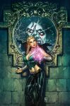  1boy 1girl artist_collaboration black_pants blonde_hair blue_eyes braid breasts broken_mirror cleavage different_reflection gretel_(zenescope) highres jewelry long_hair looking_to_the_side mike_krome mirror necklace pants red_lips reflection stone_wall twin_braids ula_mos vampire zenescope 