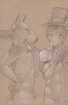  2012 albinodoe anthro ball bandanna bigmaster bulge bull_terrier cairo_(bigmaster) canine clothed clothing dog duo eyewear hair hand_on_hip hat holding_object jewelry male mammal monochrome monocle navel necklace peable pencil_(artwork) sepia simple_background sketch smile speedo sport standing swimsuit tan_background top_hat topless traditional_media_(artwork) volleyball 
