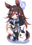  1girl :d animal_ears aris_(blue_archive) aris_(blue_archive)_(cosplay) black_skirt blue_archive blue_necktie blush brown_hair commentary cosplay full_body hair_over_one_eye hairband halo highres horse_ears horse_girl horse_tail jacket long_hair long_sleeves looking_at_viewer necktie open_mouth pleated_skirt purple_eyes rice_shower_(umamusume) shirt shoes simple_background skirt smile solo squatting taiga_masato tail umamusume white_background white_shirt 