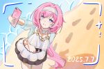  1girl beach bikini bikini_skirt blue_eyes blue_jacket breasts chinese_commentary cleavage commentary_request dated elf elysia_(honkai_impact) elysia_(miss_pink_elf)_(honkai_impact) elysia_(summer_miss_elf)_(honkai_impact) hairband highres holding holding_phone honkai_(series) honkai_impact_3rd jacket jewelry long_hair medium_breasts midriff navel necklace ocean official_alternate_costume outdoors parted_lips phone pink_hair pointy_ears sand selfie shell shell_necklace shouhai_zhe_1_hao signet_of_ego smile solo swimsuit thighs very_long_hair white_bikini white_hairband 