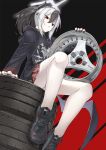  1girl arai_kogane black_hair black_hoodie black_horns black_nails black_shoes blue_archive demon_horns demon_wings earclip grey_hair grey_halo halo highres hood hoodie horns kayoko_(blue_archive) multicolored_hair red_eyes red_skirt shoes single_wing sitting skirt solo two-tone_hair unused_tire wings 