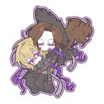  2girls :d bandaged_arm bandages black_pants blonde_hair brown_hair chibi colored_eyelashes conical_hat forked_tongue full_body grey_sash heishou_pack-si_branch_(identity)_(project_moon) hug limbus_company long_arms long_hair looking_at_another multiple_girls original pants project_moon purple_eyes purple_scarf rodion_(project_moon) scarf simple_background smile ssup_ddi standing tongue very_long_hair white_background 