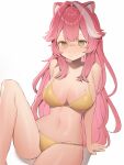  1girl animal_ears bikini blush breasts closed_mouth commentary hair_intakes highres hololive hololive_english knee_up large_breasts long_hair multicolored_hair navel panther_ears panther_girl panther_tail pink_hair raora_panthera simple_background solo stomach streaked_hair sweat swimsuit szuukie tail virtual_youtuber white_background white_hair yellow_bikini yellow_eyes 