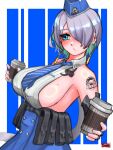  1girl absurdres backless_shirt bare_shoulders belt_pouch blue_background blue_eyes blue_hat blue_necktie blue_skirt blush breasts brid_(nikke) bridal_gauntlets collared_shirt commentary_request cowboy_shot cup disposable_coffee_cup disposable_cup earrings floating_earrings garrison_cap goddess_of_victory:_nikke grey_hair hair_between_eyes hair_over_one_eye hat high-waist_skirt highres holding holding_cup ilvaite jewelry large_breasts long_hair long_skirt looking_to_the_side mole mole_on_breast necktie pouch shirt sideboob sideless_shirt sidelocks signature skirt sleeveless sleeveless_shirt solo standing striped_necktie white_shirt 